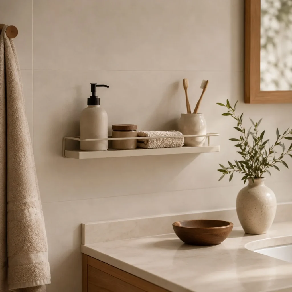 No-drill adhesive bathroom shelf with toiletries in a warm neutral bathroom