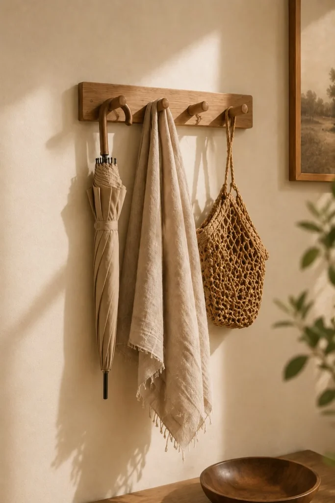 Oak wall hooks holding a small umbrella, linen scarf and woven bag in a neutral entryway