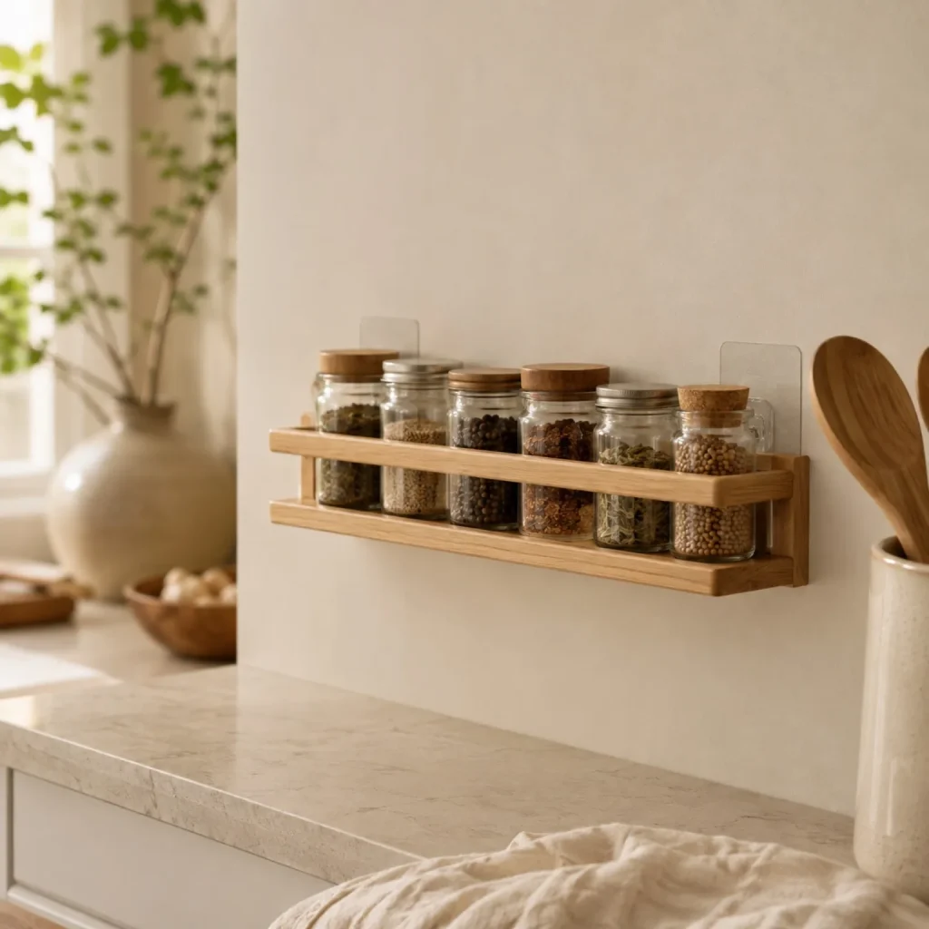 No-drill oak spice rack with glass spice jars on a warm neutral kitchen wall