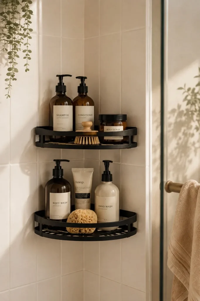 No-drill adhesive shower caddies with toiletries in a neutral tiled shower