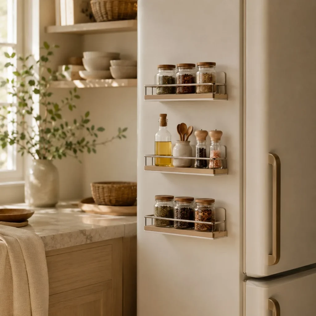 Magnetic spice shelves on the side of a fridge in a warm neutral kitchen