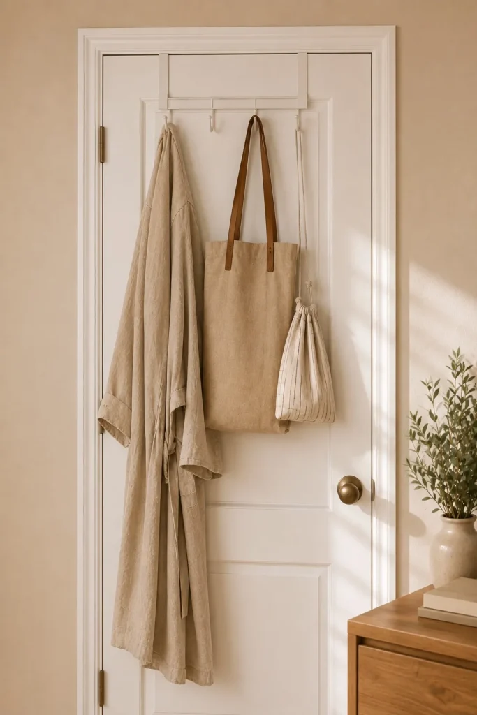 No-drill over-the-door bedroom storage with robe and tote bag on a white door
