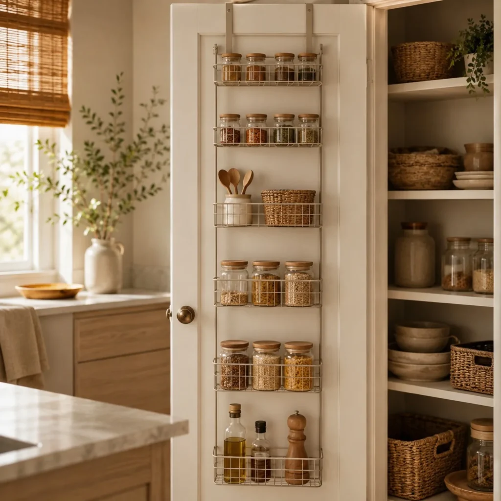 No-drill over-the-door kitchen organiser with jars and pantry essentials