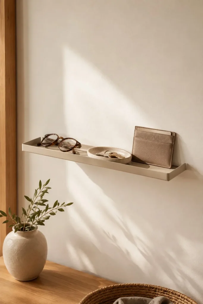Slim beige wall-mounted shelf holding glasses, keys and a small card holder